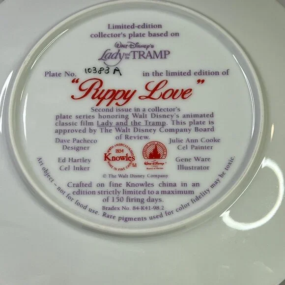 Walt Disney's Lady and the Tramp "Puppy Love" Collectors Plate 1990s - Picture 3 of 5